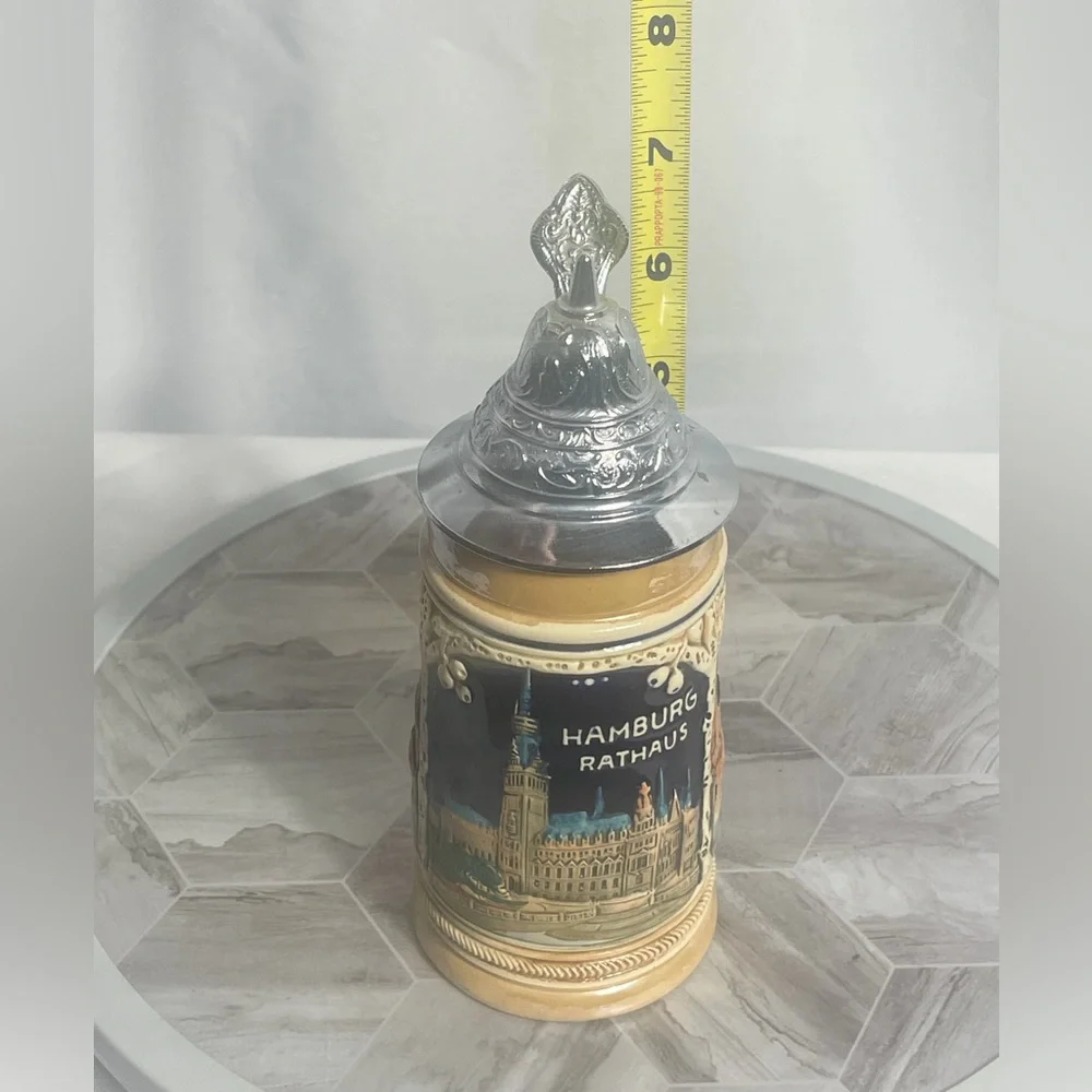 Vintage Hamburg Rathaus Germany Beer Stein Pewter Lid Elbbrücke Jungfernstieg